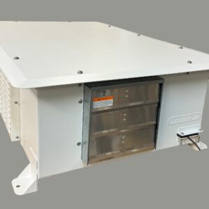 Rear view of custom outdoor projector cage that shows the ventilation system
